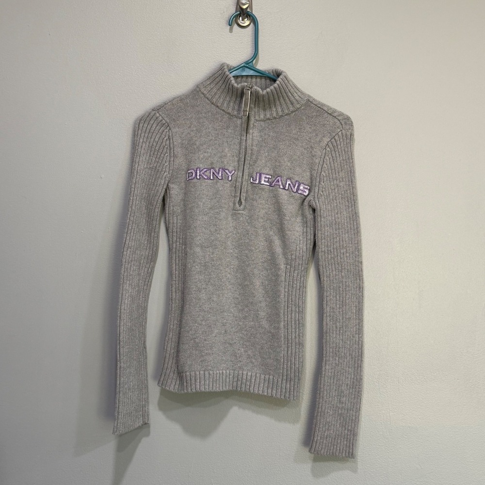 Vintage DKNY Jeans Y2K Gray Ribbed Quarter Zip Cotton Sweater Logo XS‎